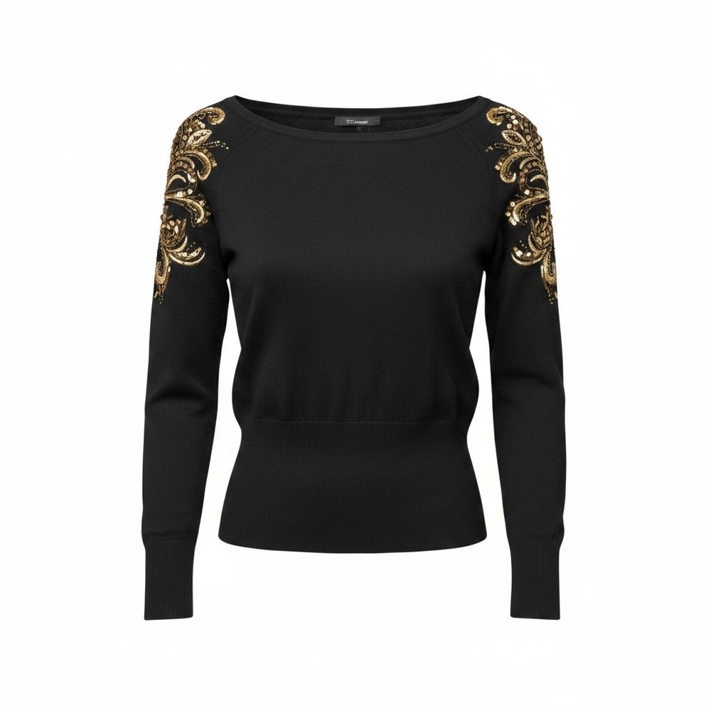 Cache Black Embellished Open Back Long Sleeve Knit Sweater Small - Read